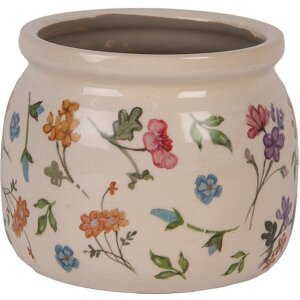 Clayre & Eef Maceta de cerámica beige con flores Ø12x10 cm estilo rústico