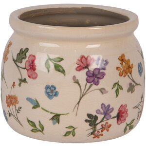 Clayre & Eef Maceta de cerámica beige con flores Ø12x10 cm estilo rústico