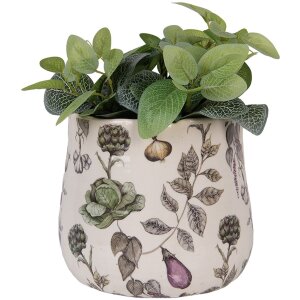 Clayre & Eef Maceta de cerámica beige con motivos vegetales estilo rústico