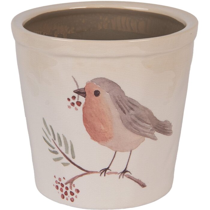 Clayre & Eef Maceta con Motivo de Pájaro Beige-Marrón Ø17x16cm Estilo Rústico