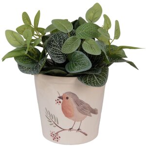 Clayre & Eef Maceta con Motivo de Pájaro Beige-Marrón Ø17x16cm Estilo Rústico