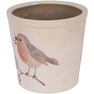 Clayre & Eef Maceta con Motivo de Pájaro Beige-Marrón Ø17x16cm Estilo Rústico