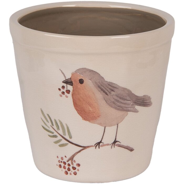 Clayre & Eef Maceta Estilo Rústico Motivo Pájaro Beige Ø 15x14 cm