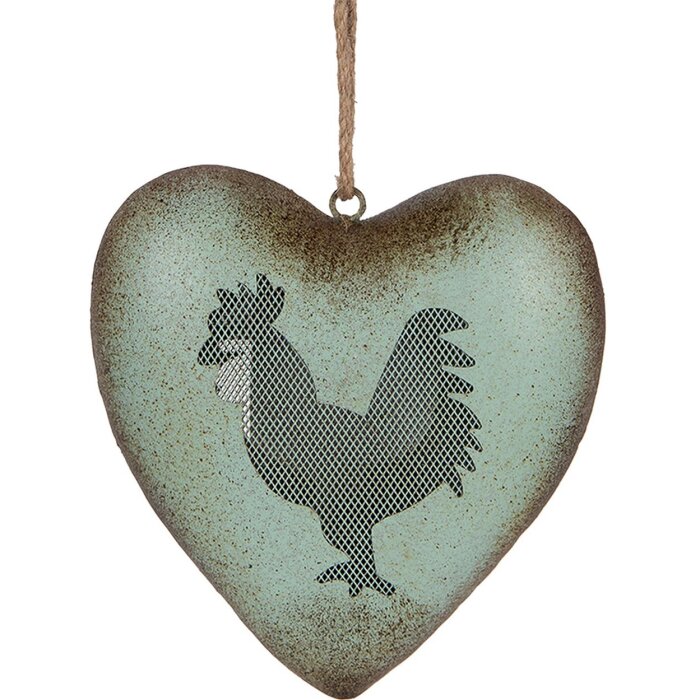 Adorno decorativo de corazón Clayre & Eef con motivo de gallo Verde Marrón 23x7x23 cm Estilo rústico