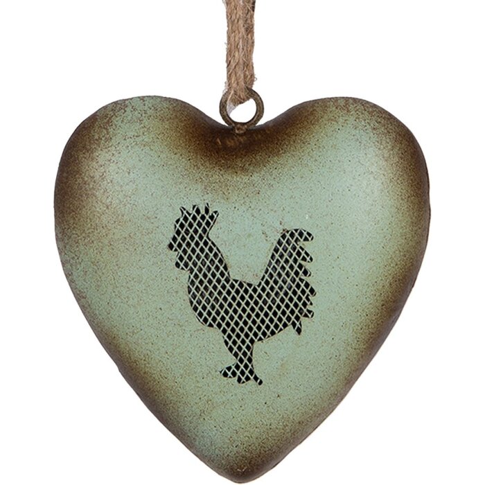 Clayre & Eef Adorno colgante corazón motivo gallo verde vintage 14x5x14 cm