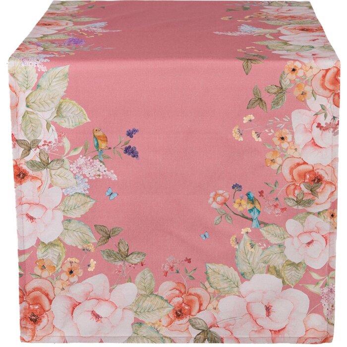 Clayre & Eef FFA64P Camino de mesa rosa 50x140 cm algodón flores pájaros