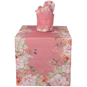 Clayre & Eef FFA64P Camino de mesa rosa 50x140 cm algodón flores pájaros