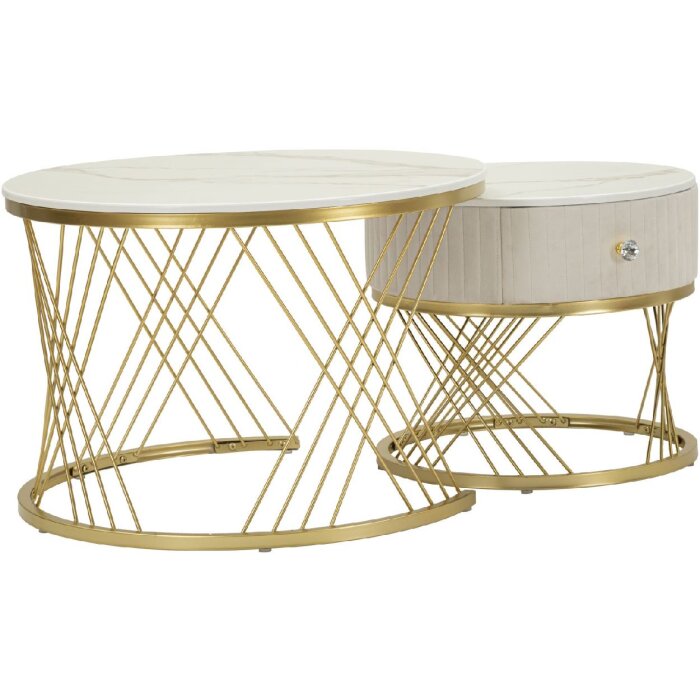 Mauro Ferretti Mesas de Centro Votix Juego de 2 Crema Dorado 70x48 50x43,5 cm