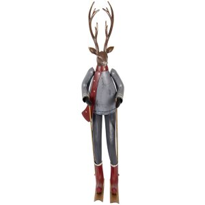 Clayre & Eef Figura decorativa ciervo con esquíes gris marrón rojo 65 cm