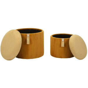 Bolzano Set de pufs con almacenaje mostaza 2 piezas Ø38x38cm Ø32x28cm poliéster MDF
