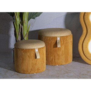 Bolzano Set de pufs con almacenaje mostaza 2 piezas Ø38x38cm Ø32x28cm poliéster MDF
