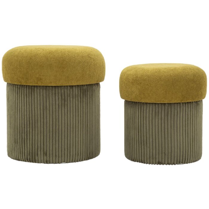 Aspen Set de pufs con almacenaje verde 2 piezas Ø42x44cm Ø35x37cm poliéster terciopelo