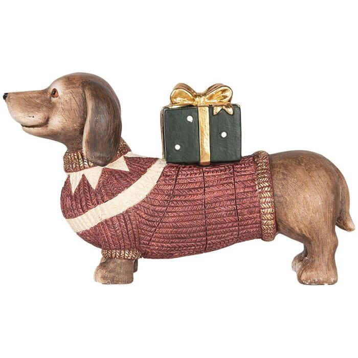 Clayre & Eef 6MG0147 Figura de perro marrón y rojo 47x14x28cm estilo rústico navideño