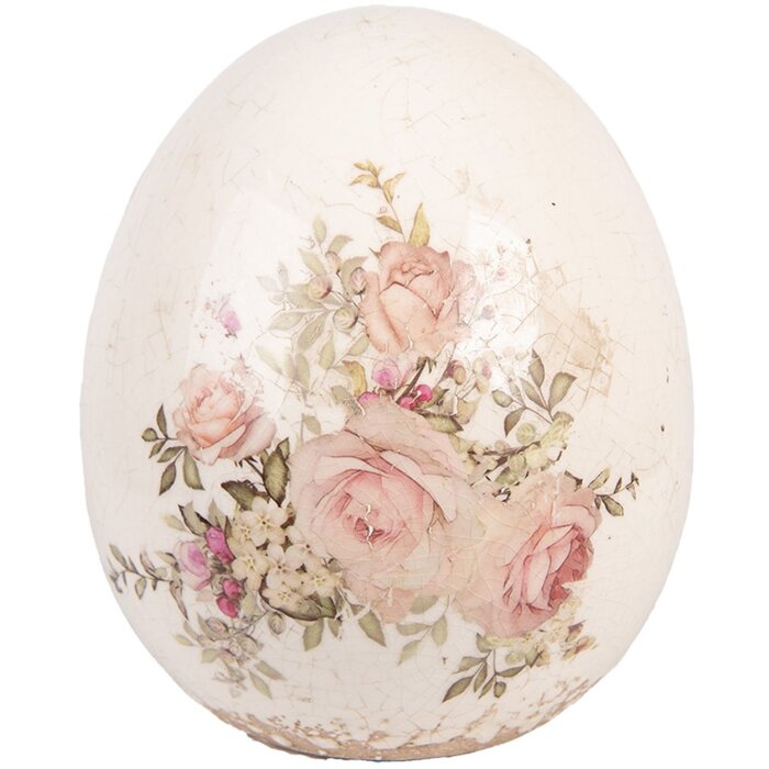 Huevo decorativo Clayre & Eef con motivo de rosas Ø 14x16 cm Cerámica Beige Rosa Vintage