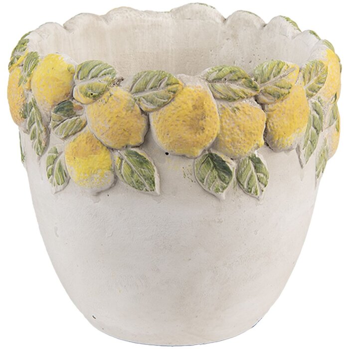 Maceta Clayre & Eef 6TE0571 Diseño de Limones Ø 14x12 cm – Maceta de piedra Blanca y Amarilla