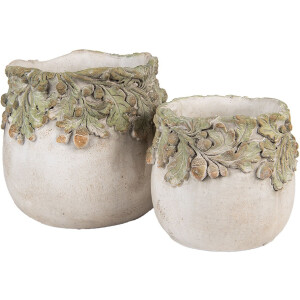 Maceta Clayre & Eef con Decoración de Hojas de Roble Beige Verde Ø19x17 cm