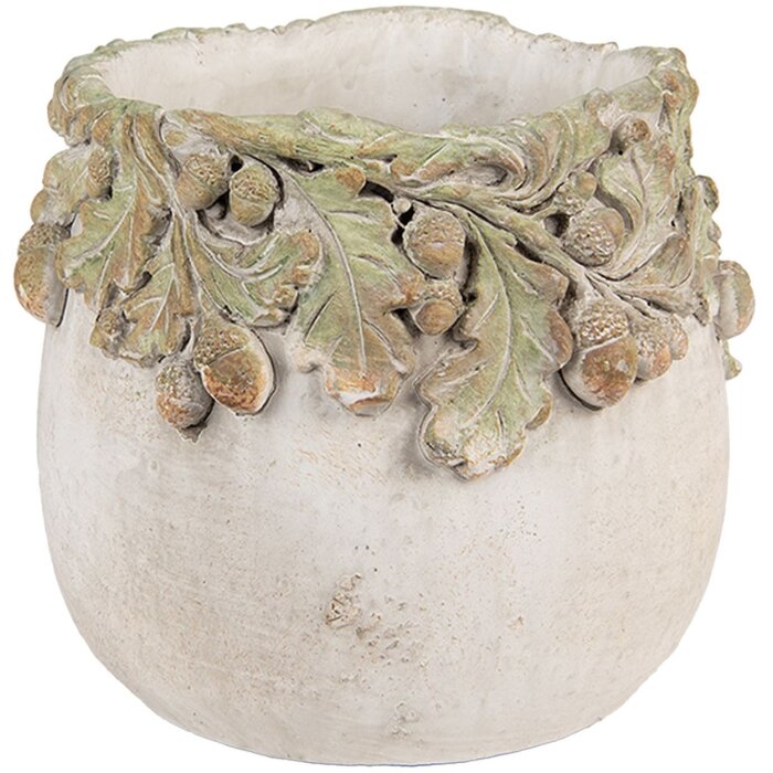 Maceta Clayre & Eef Relieve de Hojas de Roble Ø 15x13 cm Beige Verde Piedra