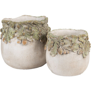 Maceta Clayre & Eef Relieve de Hojas de Roble Ø 15x13 cm Beige Verde Piedra
