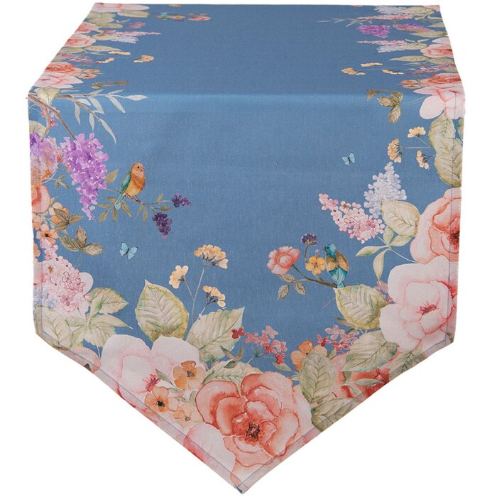 Mantel individual Clayre & Eef 50x160 cm Azul Floral Algodón Pájaros Flores