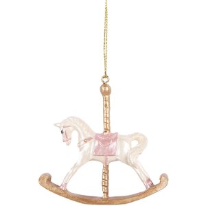 Clayre & Eef 6PR5412 Decoración Colgante Caballito Balancín 8x2x7 cm Blanco y Dorado