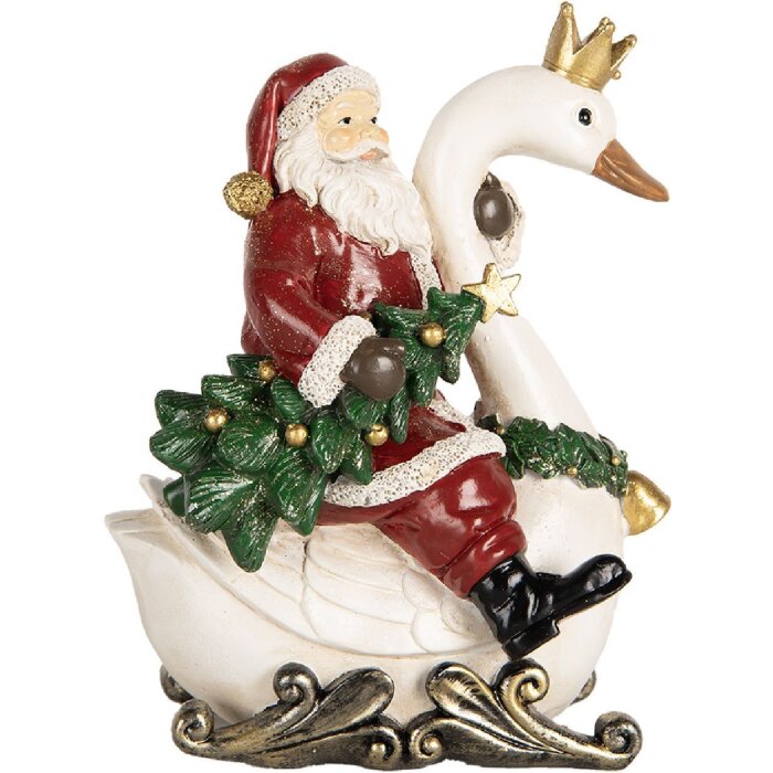 Clayre & Eef 6PR5671 Decoración Papá Noel sobre un Cisne 13x10x16 cm Rojo y Blanco