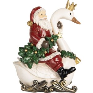 Clayre & Eef 6PR5671 Decoración Papá Noel sobre un Cisne 13x10x16 cm Rojo y Blanco