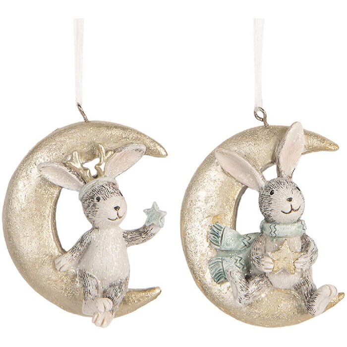 Clayre & Eef 6PR5890 Decoración Colgante Conejo Set 2 Gris y Dorado