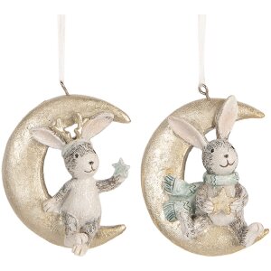 Clayre & Eef 6PR5890 Decoración Colgante Conejo Set 2 Gris y Dorado