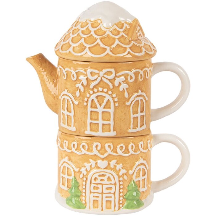 Clayre & Eef 6CETE0213 Tetera con taza de cerámica marrón blanco