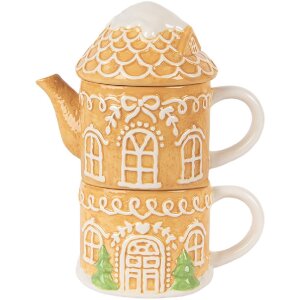 Clayre & Eef 6CETE0213 Tetera con taza de cerámica marrón blanco