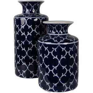 Vaso de cerámica Clayre & Eef Ø 19x41 cm Azul oscuro con ramas blancas