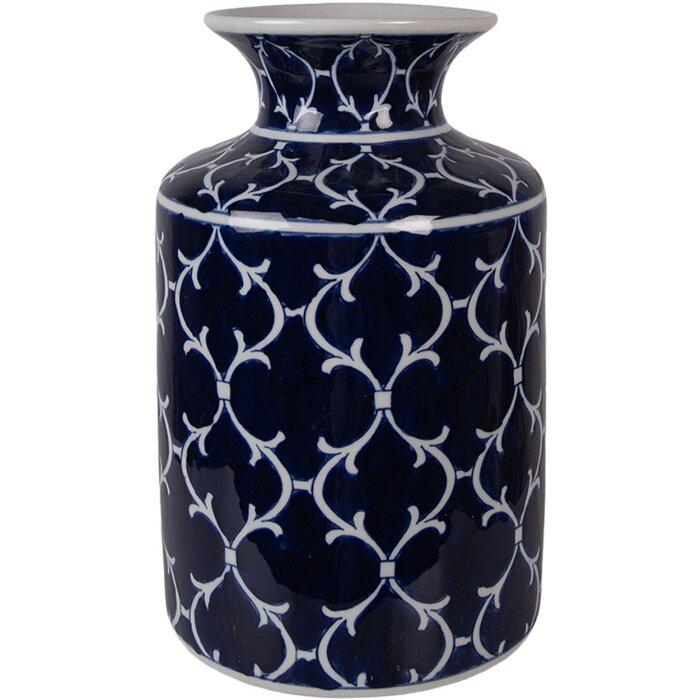 Vaso de cerámica Clayre & Eef Ø 19x31 cm, azul profundo con decoración en blanco