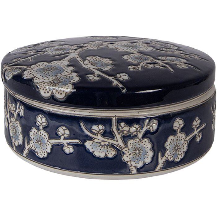 Caja de joyas de cerámica Clayre & Eef Azul-Blanco Ø 18x8 cm Motivo de flores