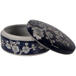 Caja de joyas de cerámica Clayre & Eef Azul-Blanco Ø 18x8 cm Motivo de flores