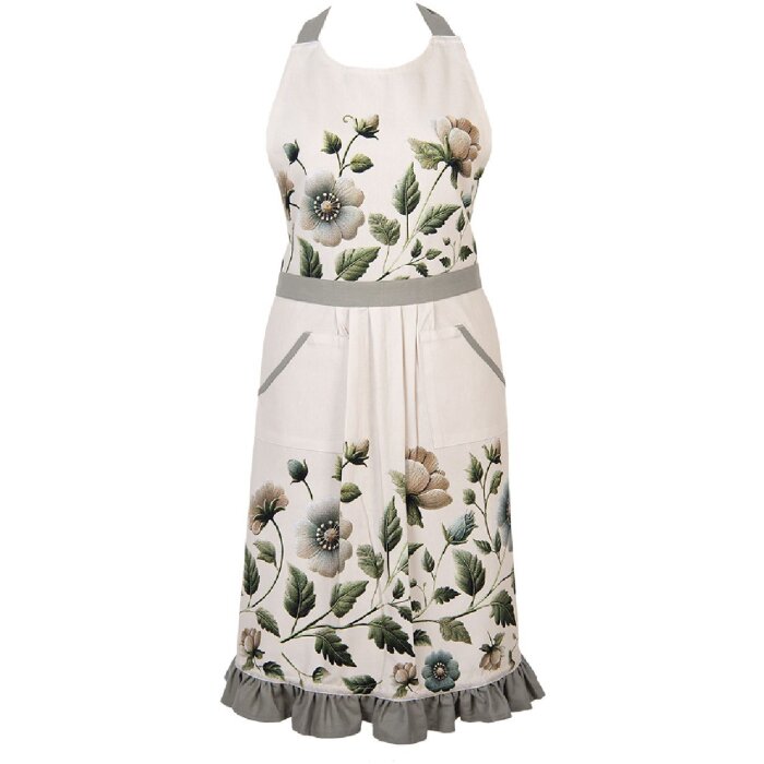 Delantal Clayre & Eef GTB41A 70x85 cm 100% algodón beige con flores verdes y volantes