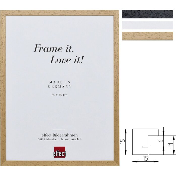 Marco de fotos de madera Effect Profil 2330 – Madera maciza con perfil de caja, negro, natural, blanco, 7x10 hasta 50x70 cm