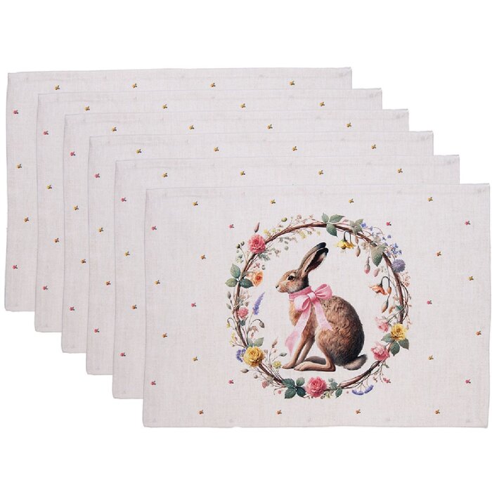 Set de mesa Clayre & Eef EWC40 6 piezas 48x33 cm algodón conejo con guirnalda floral Pascua