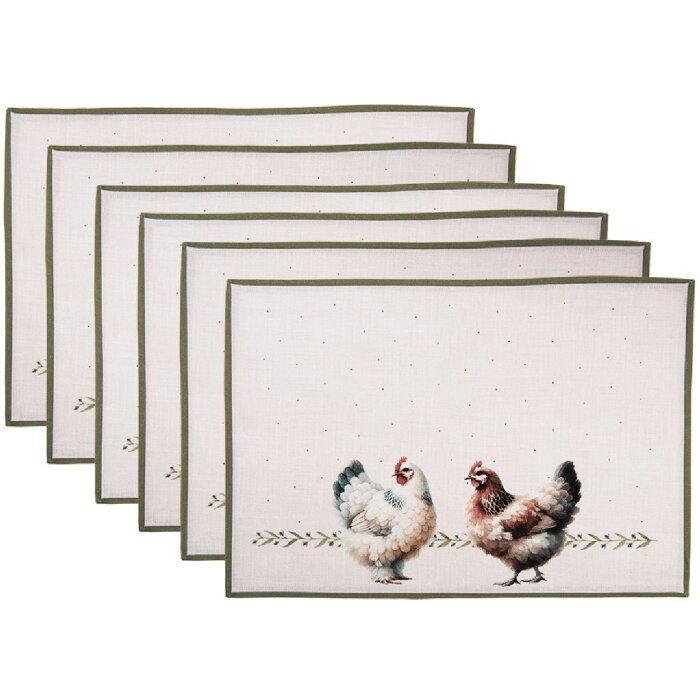 Set de 6 fundas para mesa Clayre & Eef BYC40 48x33 cm Motivo gallinas algodón beige verde