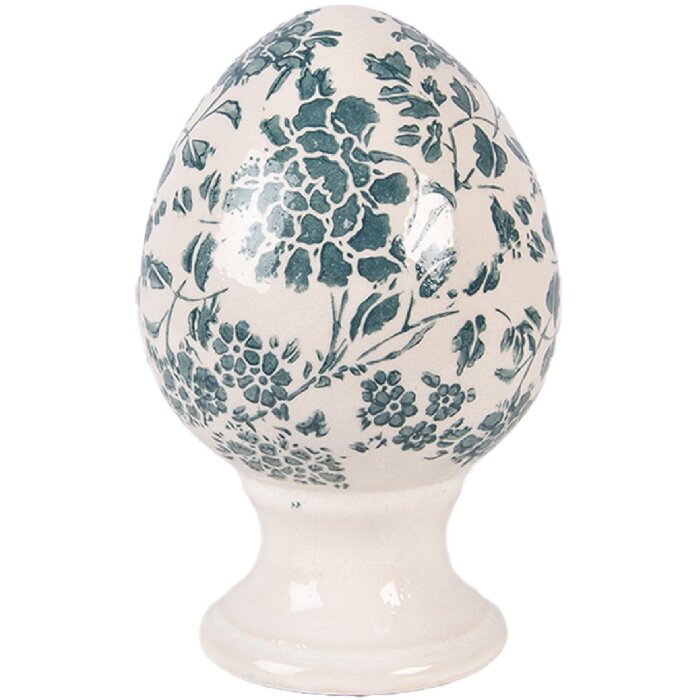 Decoración de cerámica Clayre & Eef 6CE2405S, huevo sobre pedestal Ø 9x14 cm beige-gris