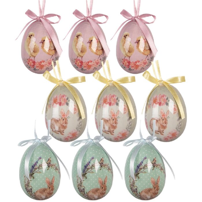 Decoración colgante huevo Clayre & Eef Set 9 Verde Rosa Ø 5x8 cm