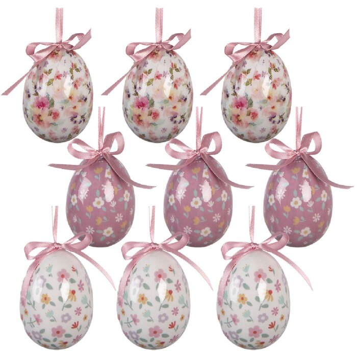 Decoración colgante huevo Clayre & Eef Set 9 Blanco y Rosa Ø 5x8 cm