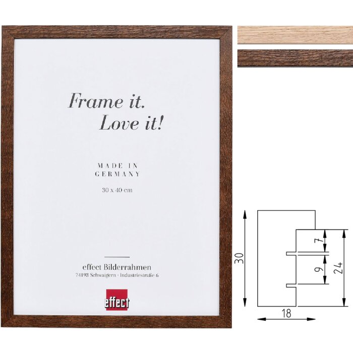 Marco de fotos de madera Effect Profil 2430 en roble masivo o nogal con barnizado, muchas dimensiones y vidrios