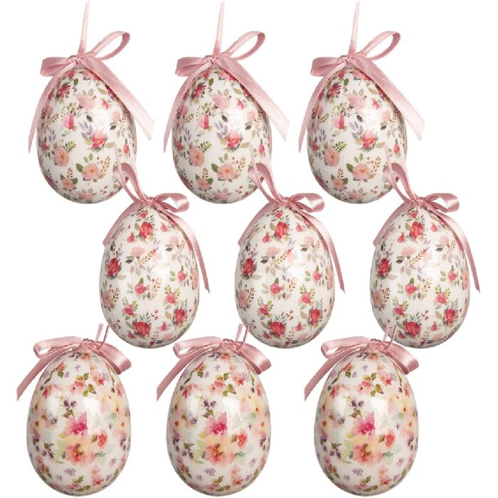 Decoración colgante huevo (set de 9) blanco y rosa Ø 5x8 cm