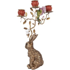 Candelabro de conejo Clayre & Eef dorado-rojo 24x10x47 cm