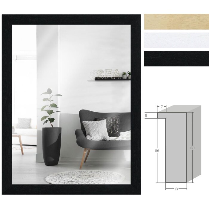 Espejo de pared MendeFrames H980 de madera maciza Negro Natural Blanco 20x20 hasta 70x100 cm