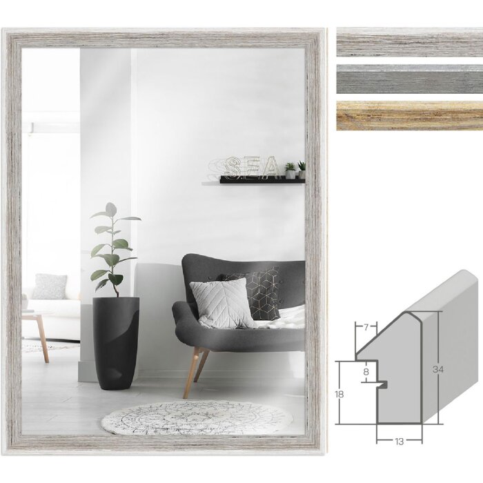 Espejo de pared MendeFrames H790 Casa de playa Blanco Gris Natural 10x10-70x100