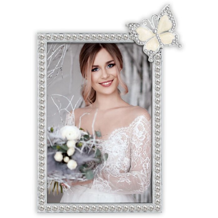 Marco de fotos ZEP Ives plata brillante con decoración de mariposa 10x15 cm