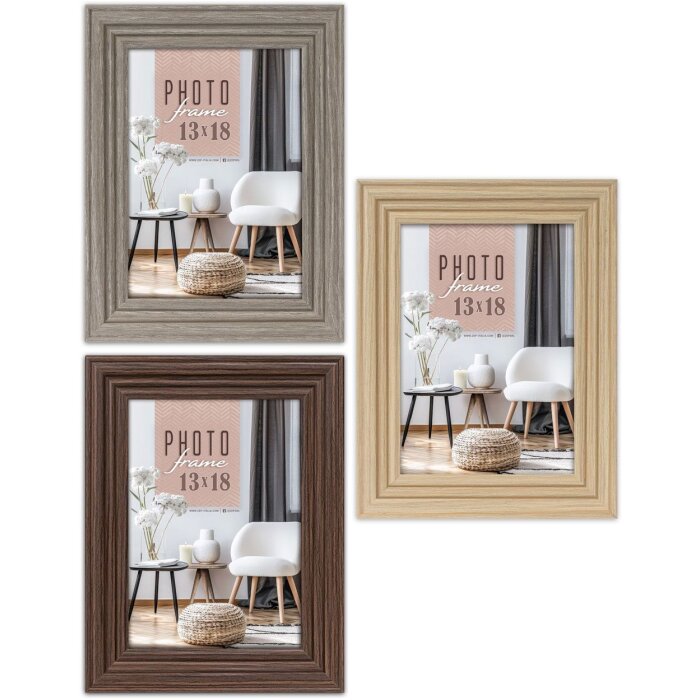 Marco de fotos de madera Munich gris marrón natural 10x15 hasta 20x30 cm con soporte