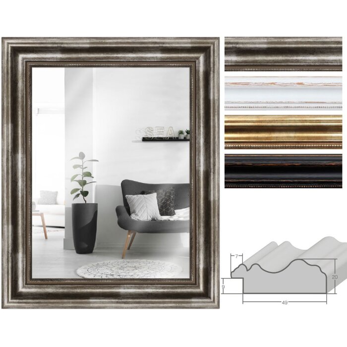 Espejo de pared MendeFrames H550 Antiguo en madera maciza, plata, oro, negro o blanco 20x30 hasta 70x100 cm