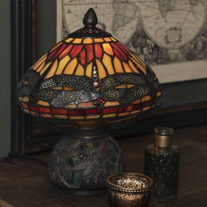 LumiLamp 5LL-9295 Lámpara de mesa Tiffany Ø 22x21 cm Marrón Vidrio Rojo Libélula